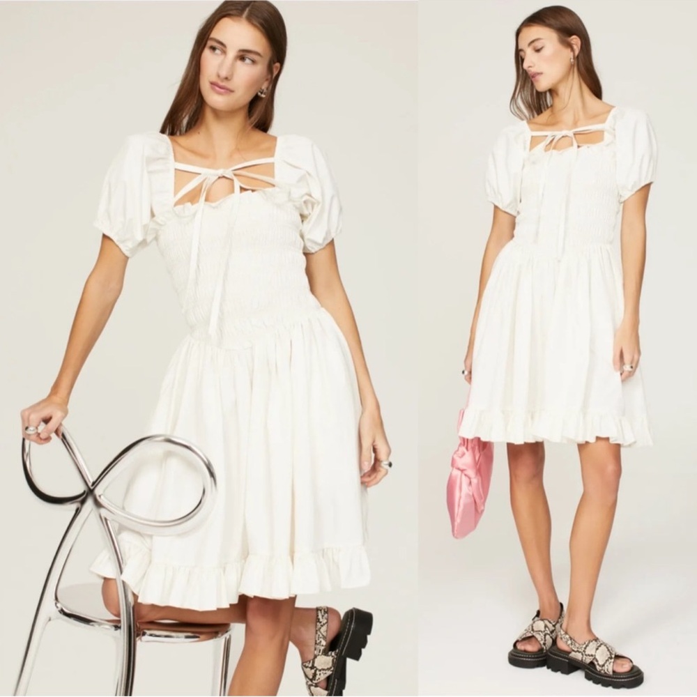 Sandy Liang Kleen White Smocked Puff
Sleeve Tie Front Mini Dress Sz 4